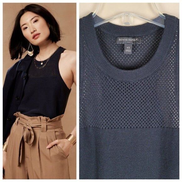 Banana Republic Size XS Mesh Knit Tank Top Cotton Crew Neck Sleeveless Black - Picture 1 of 8